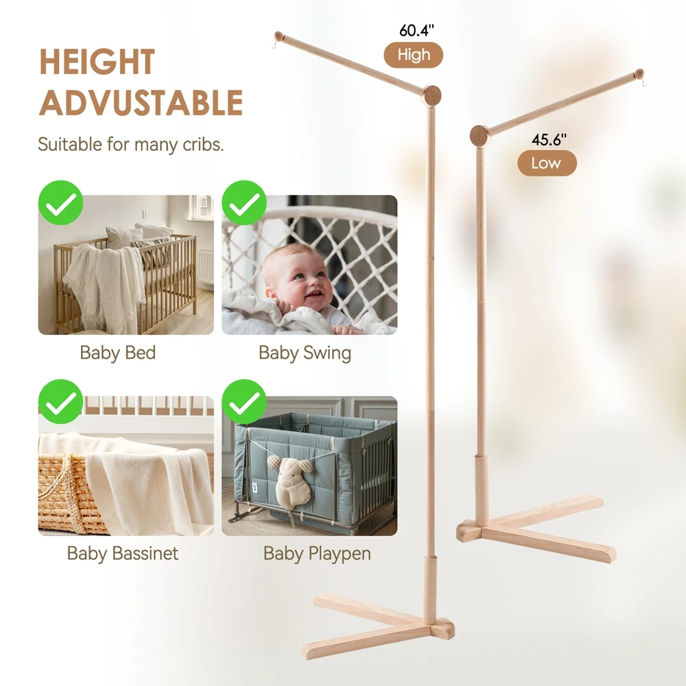 Support de meuble de berceau en bois pour lit de bébé, support de cloche autoportant avec hochets, décor de pépinière sûr et robuste pour nouveau-né de 0 à 12 mois