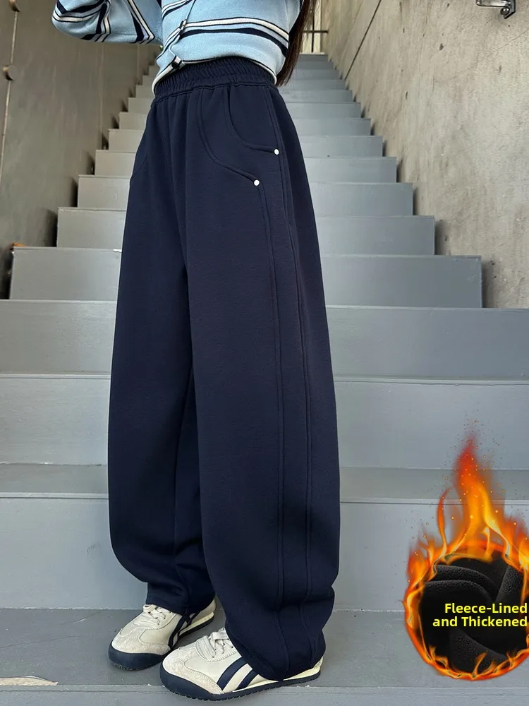 

Утепленные спортивные брюки для девочек, зимние, с высокой талией, прямые, повседневные, широкие брюки для девочек-подростков