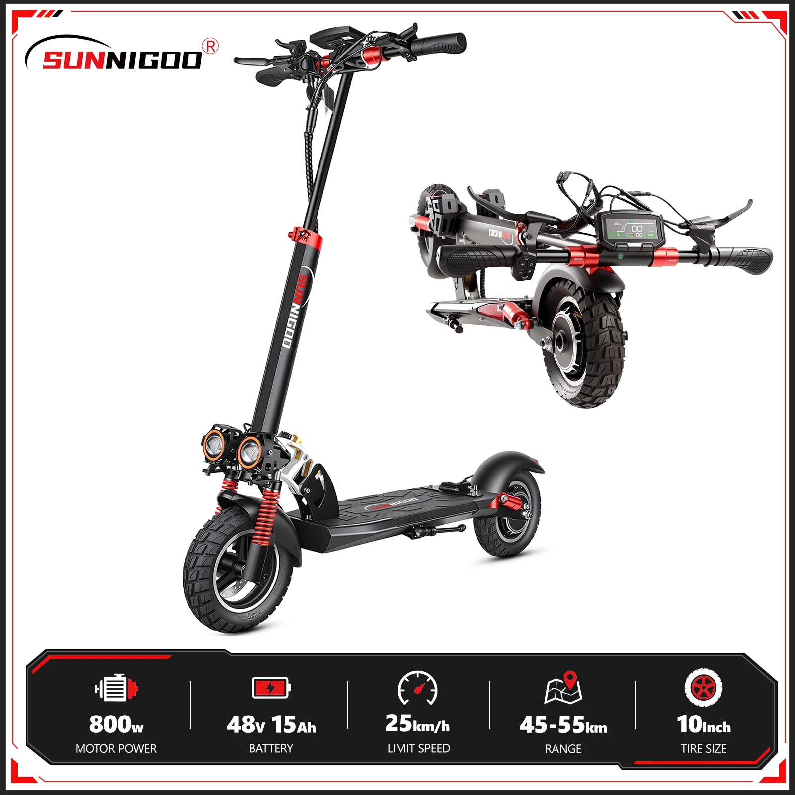 Image of SUNNIGOO Elektroroller für Erwachsene mit NFC-Schloss, 48V 800W Leistungsstarker Motor, Sitz, Faltbarer Roller, 15Ah 55km Reichweite