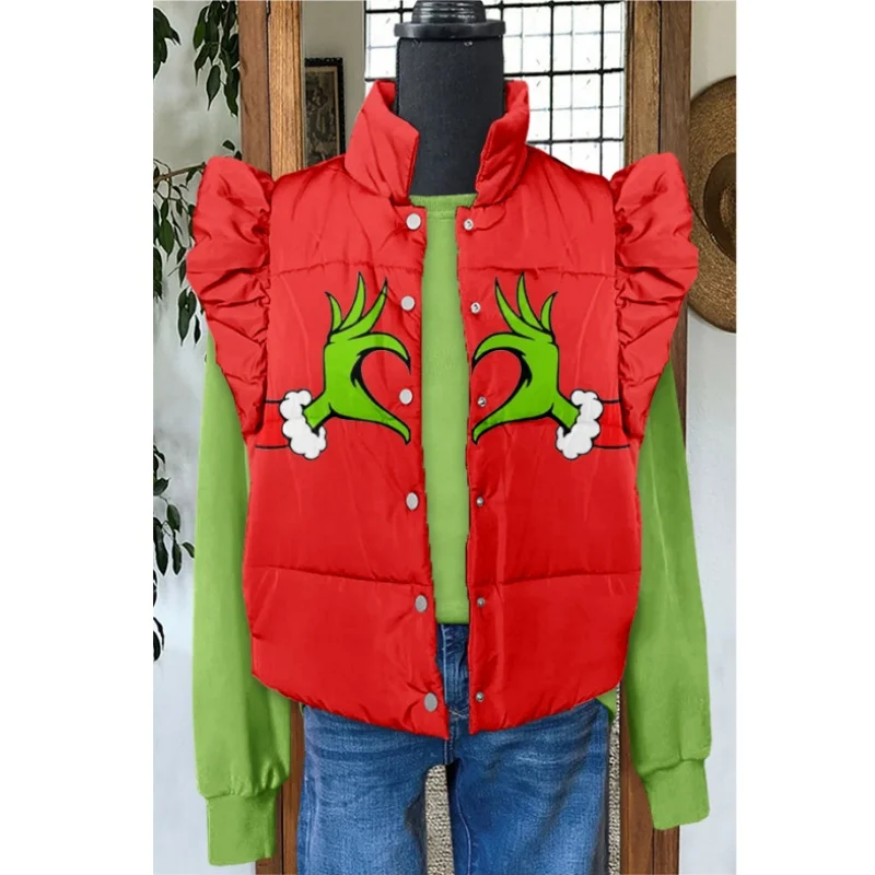 2024 Autunno/Inverno da donna Comodo gilet Giacca casual 3D stampato Manga Pop Modello da donna Luminoso senza maniche con bottoni in pizzo