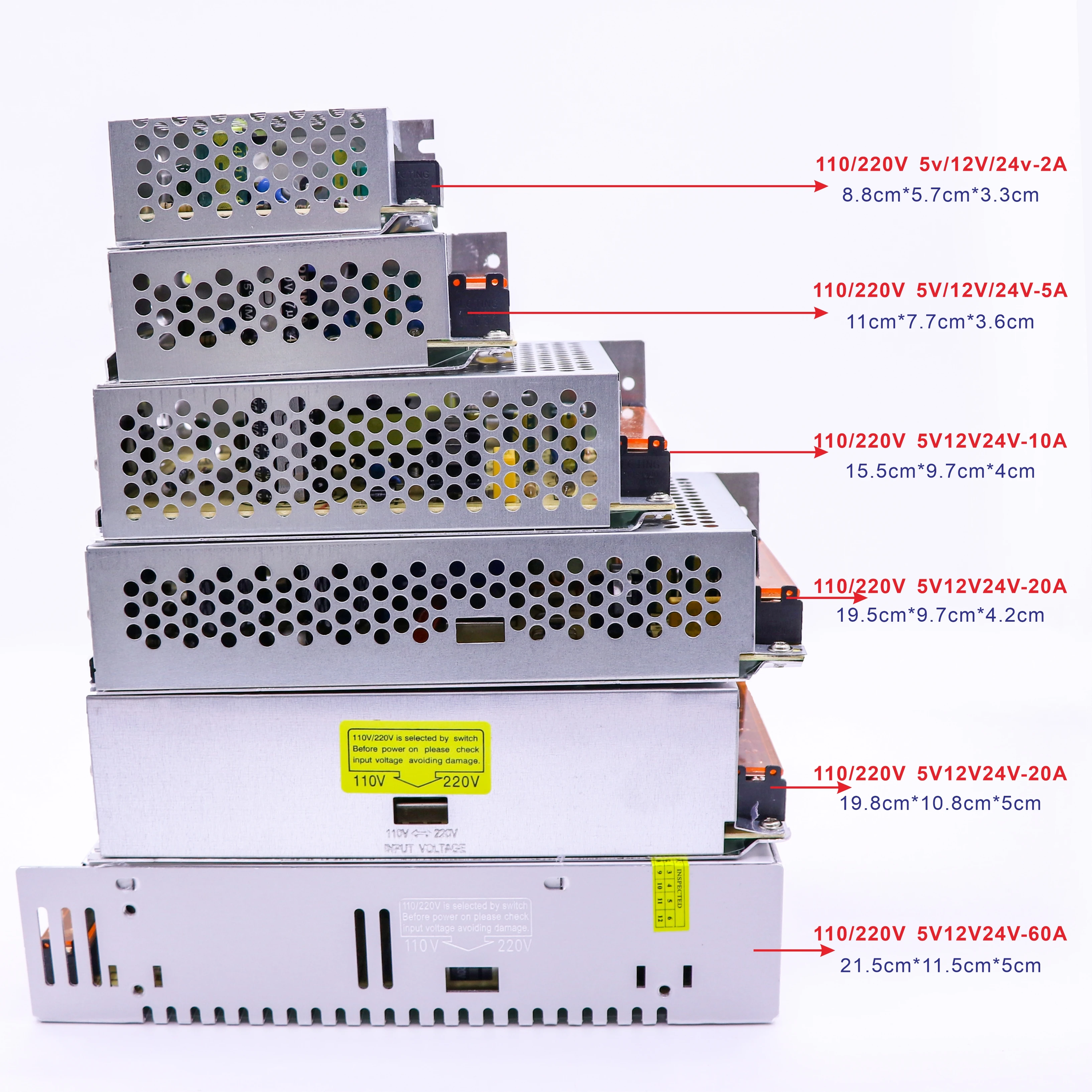 110V/220V switchable power transformer for LED low-voltage light strips, with DC5V/12V/24V output. The input and output are stab