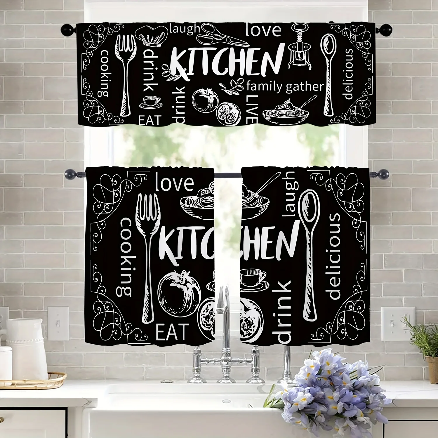 VIKAMA Farmhouse Chef Kitchen Curtain Rod Pocket Bathroom Living Room Blackout Short Curtains Café Window Decor