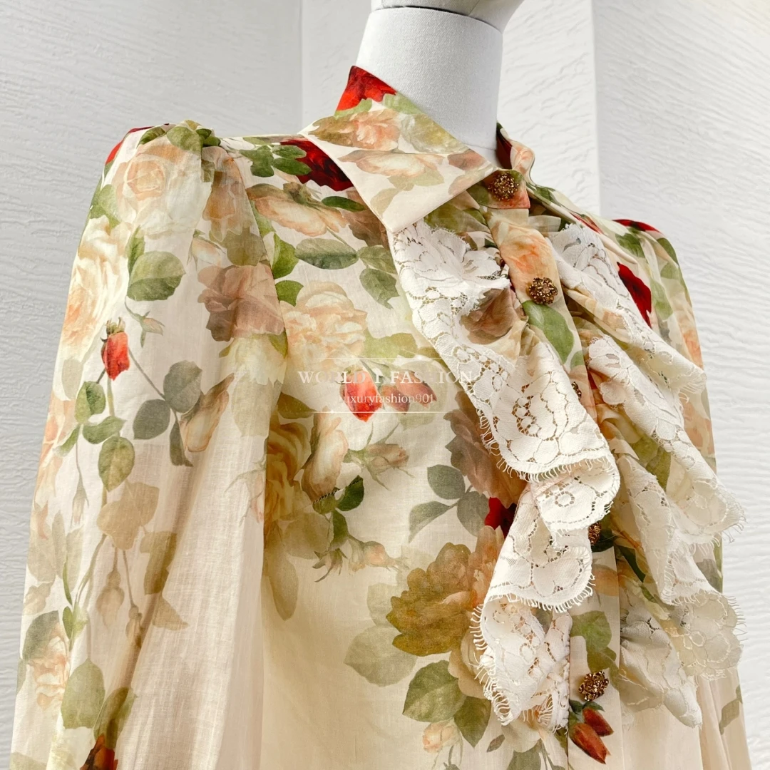 

2025 New High Quality Floral Print Lace Patchwork Vintage Full Sleeve Blouse and Ramie Midi Skirt Women Set