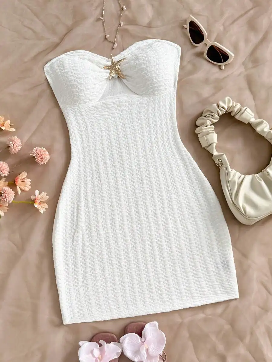 

White Knitted Strapless Ruched Mini Dress with Metallic Star Decor