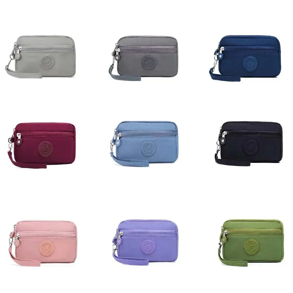 Casual Three Zippers Solid Color Coin Purse Niche Design Korean Style Wrist Phone Purse Solid Color Nylon Small Phone Bag Women