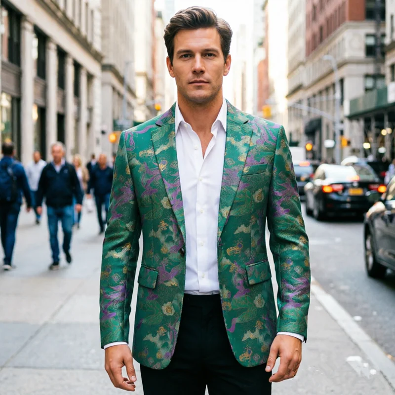New Men's Jacquard Suit Green Single Button Jacket Suitable for Mens Business Leisure Wedding Party Dresses Blazers