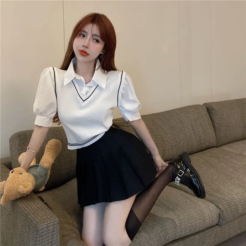 قمصان مكونة من قطعتين للسيدات جميلة كورية بأكمام منتفخة وأكمام منتفخة بسيطة للصيف على طراز بريبي تصميم نحيف للكلية في شارع العليا #6