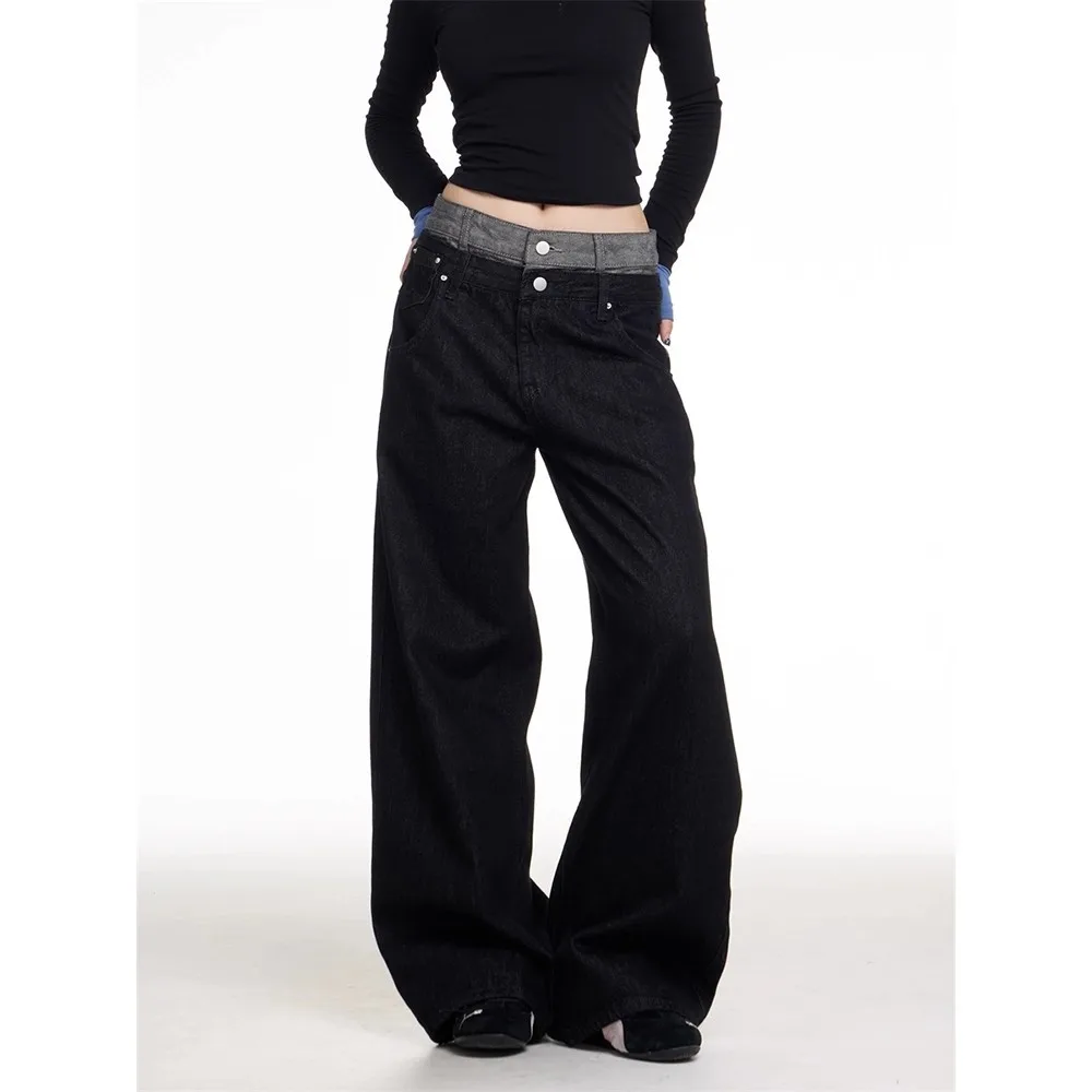 Double Waist Head Fake Two-Piece Jeans Women's Loose Straight Leg Women's Retro American High Street Slimming Wide Leg Pants