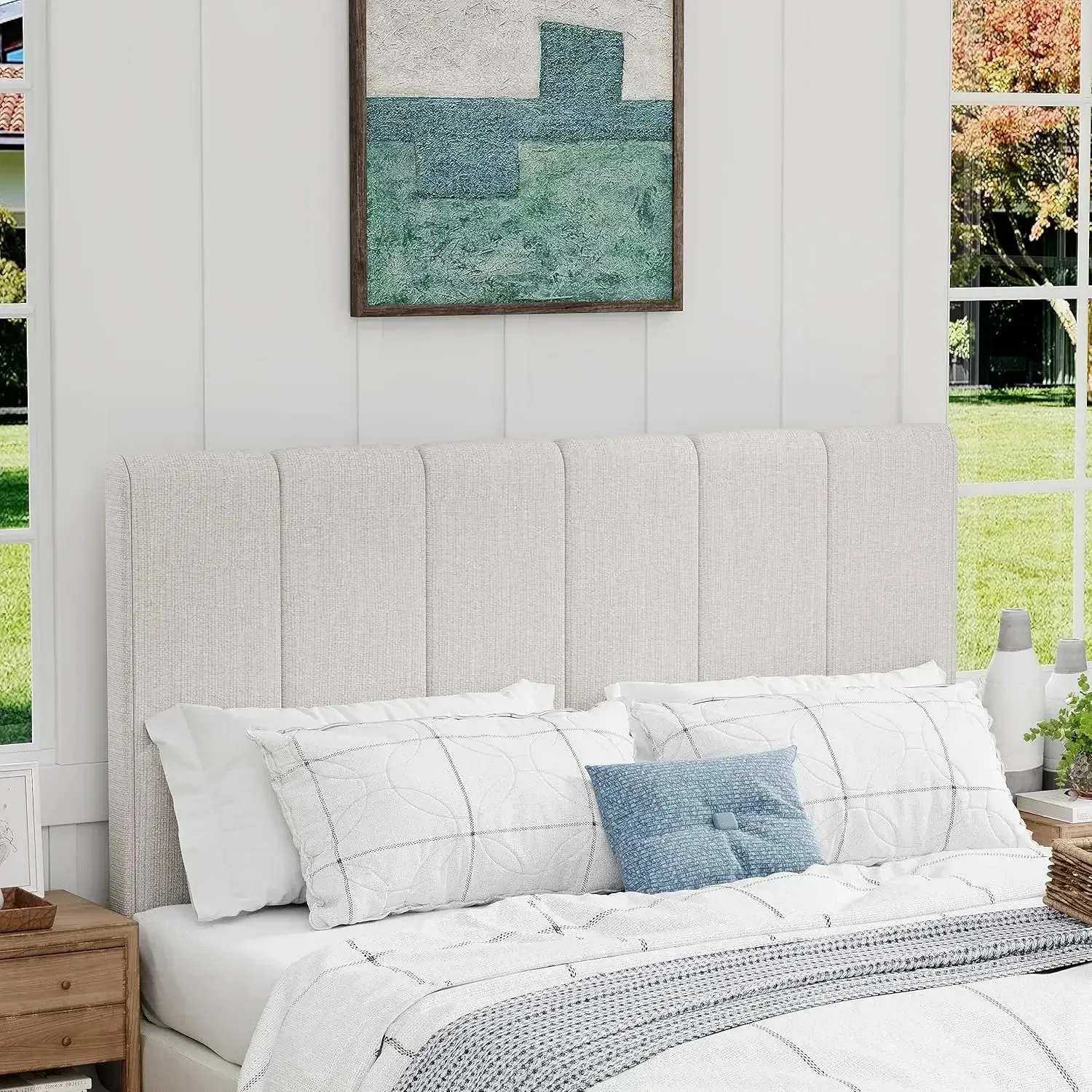 

King Headboard Foldable Linen Headboard for King Size Bed Upholstered Wall Headboard Panels Adjustable Height Grayish White