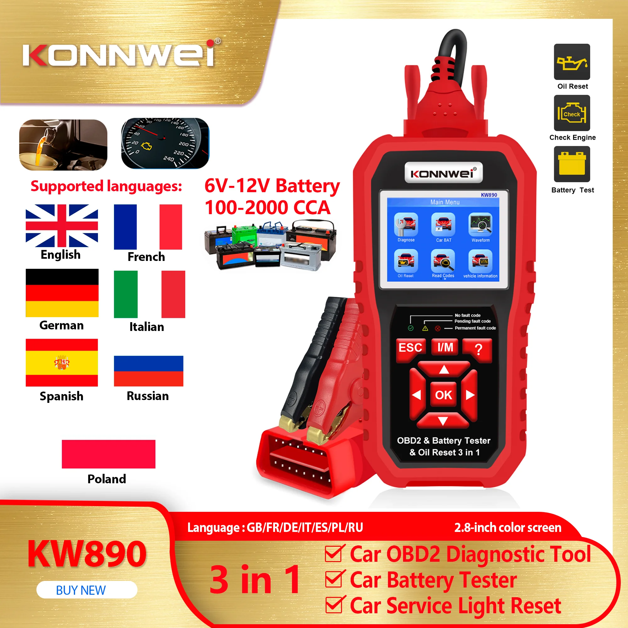 

Диагностический сканер KONNWEI KW890 KW880 KW870 12V для автомобилей, тестер аккумуляторов, 3-в-1: диагностический сканер OBD2, тестер аккумуляторов, считыватель кодов OBDII (модель 2026 года)