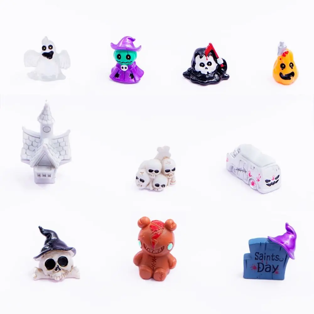 Multicolor Halloween Miniature Figurine Bone Skull skeleton Castle Car Wizard Cartoon Scary Bear Statue Micro Landscape