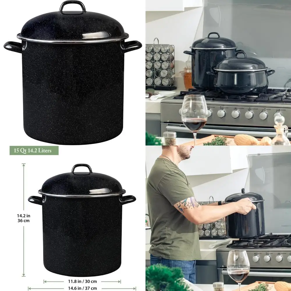 

Enamelware Heavy Gauge 15-Quart Stock Pot with Lid - Speckled Black, Stainless Steel, Oven and Cooktop Safe, Perfect for Large C