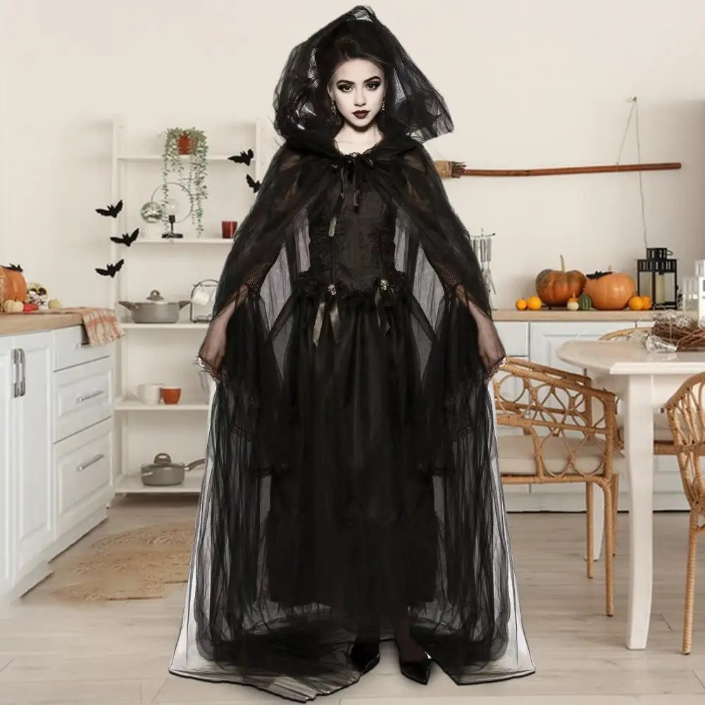 Role-playing Costume Prop Women's Halloween Witch Costume Set with Mesh Hooded Cloak Lace Gloves Dark Style for Performance