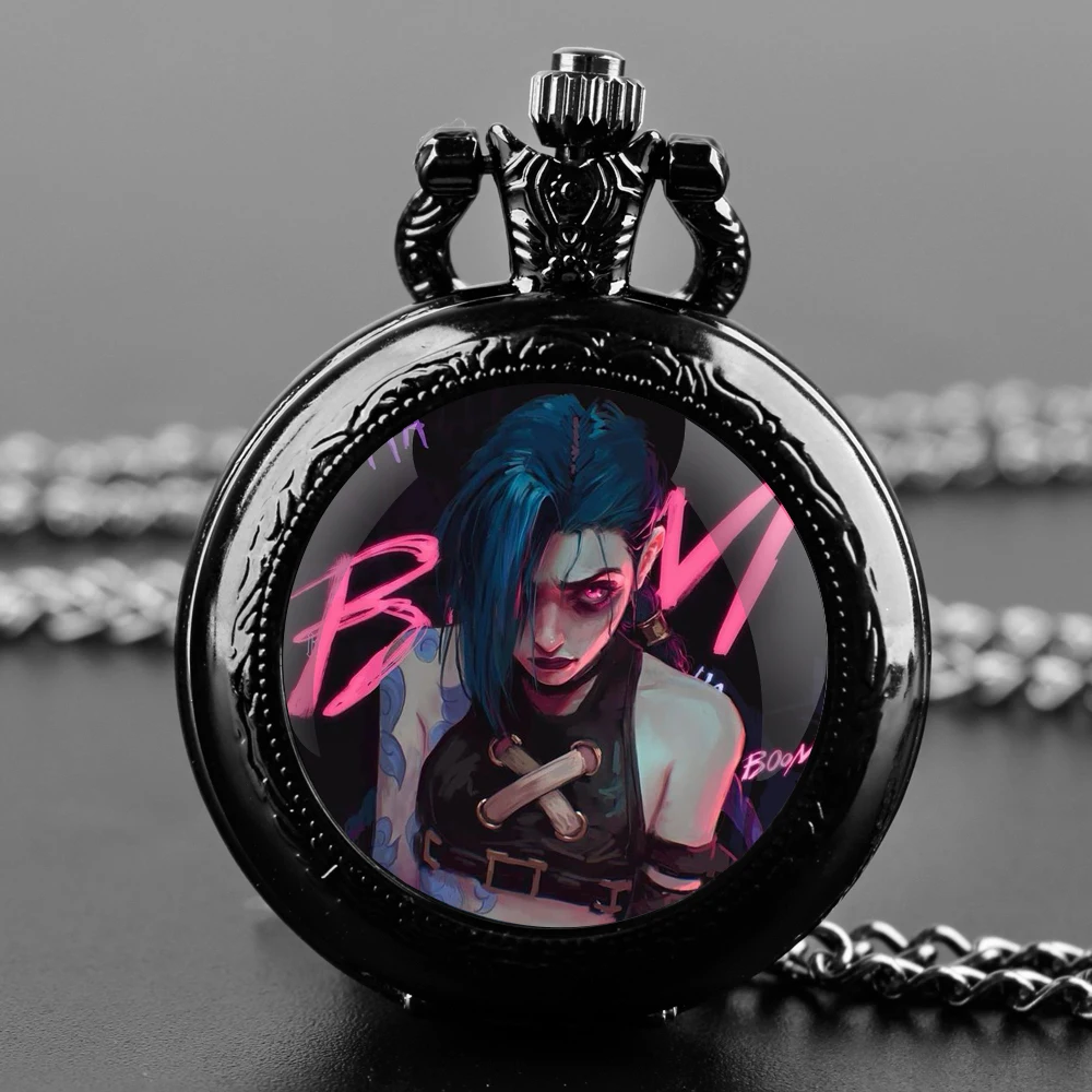 Hot Anime Arcane Jinx Glass Dome Pocket Watch with Chain Necklace Vintage Quartz Pendant Watches Mens Women Gifts