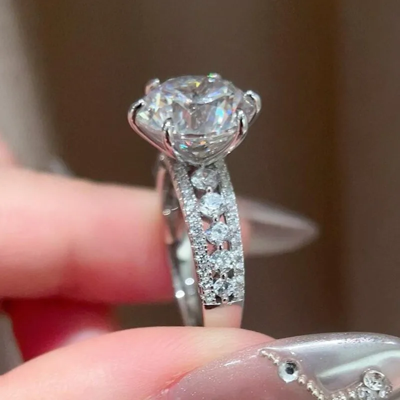 4 Carats High Sparkle Classic Six-prong Moissanite High Carbon Diamond Women's Ring With Openwork Design 925 Sterling Silver