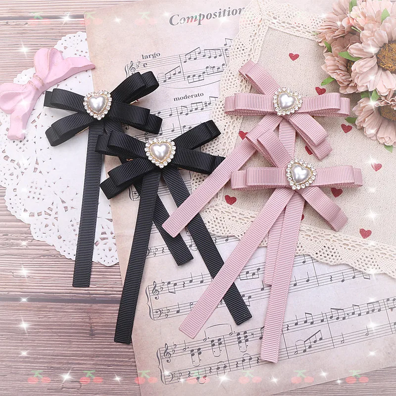 

1 пара японских стильных коротких аксессуаров для волос с бантом для девочек, заколка для волос в форме сердца со стразами, игривый бант, боковые заколки для волос для женщин