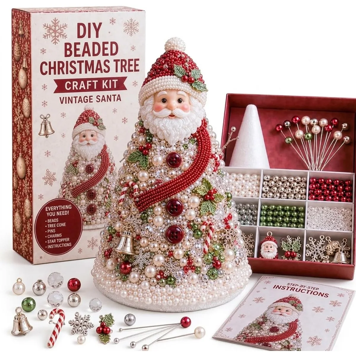 DIY Beaded Christmas Tree Craft Kit, Handmade Holiday Kit Santa Beginner-Friendly DIY Craft, Christmas Tree Shape Beading Craft Set, Creative Christmas Crafts for Adults, Family & Friends (Glue Not Included)