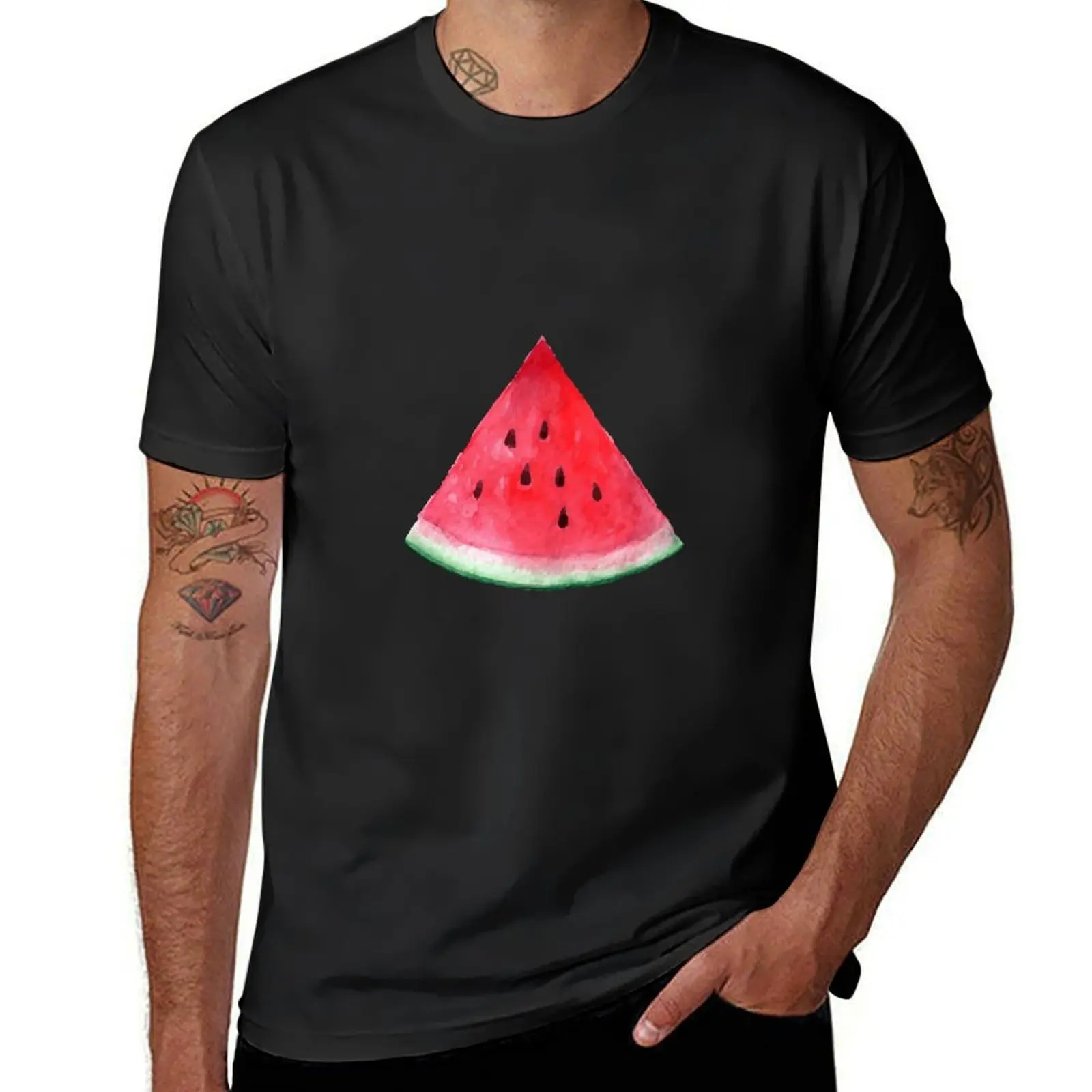 Juicy watermelon. Watercolor Tropical Fruit T-Shirt blacks for a boy summer tops men clothing