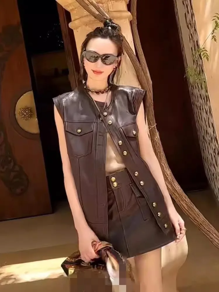 Vintage Women Single Breasted Genuine Leather Vest O-Neck Casual Sleeveless Sheepskin Jacket Loose Fit High Street Waistcoat