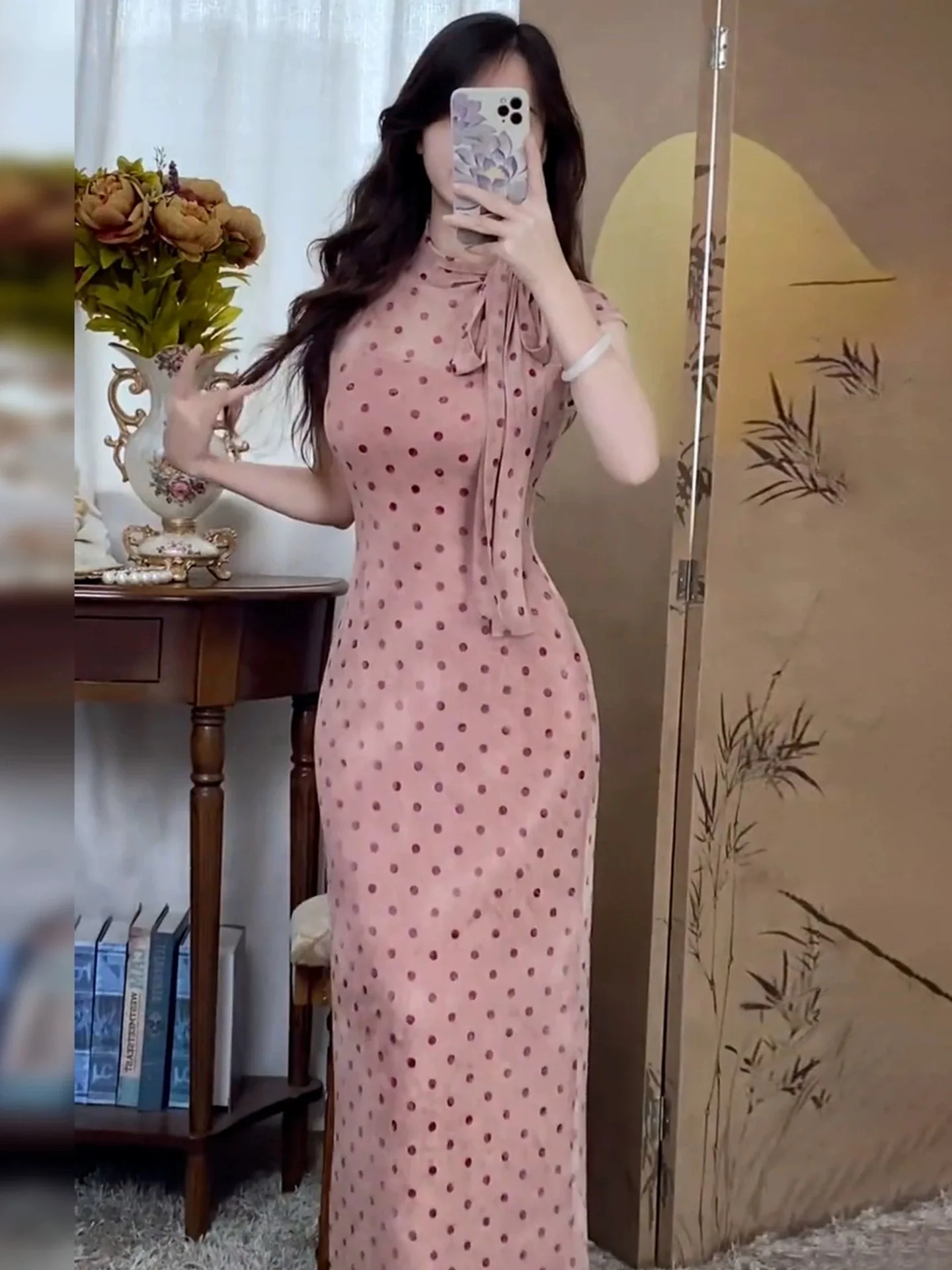 

Elegant Pink Wrap Dress Summer Unique Beautiful Polka Dot Long Skirt Eye-catching Lovely Women's Fashion Business Casual Dress