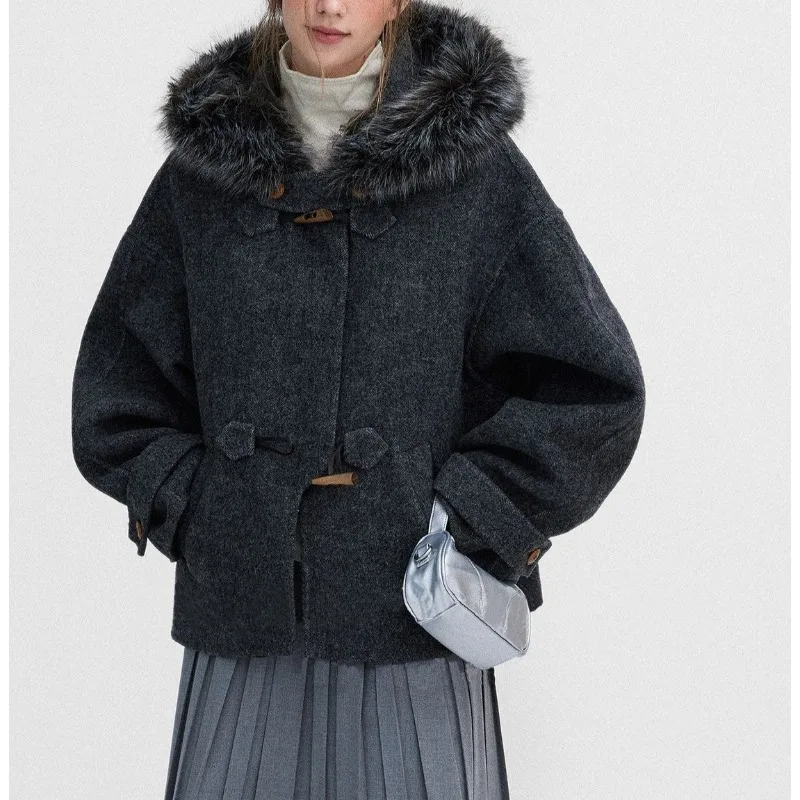 

Gray Girl Winter, Vintage Premium Irregular Placket Hooded Woolen Coat Women's 2025 Winter Coat