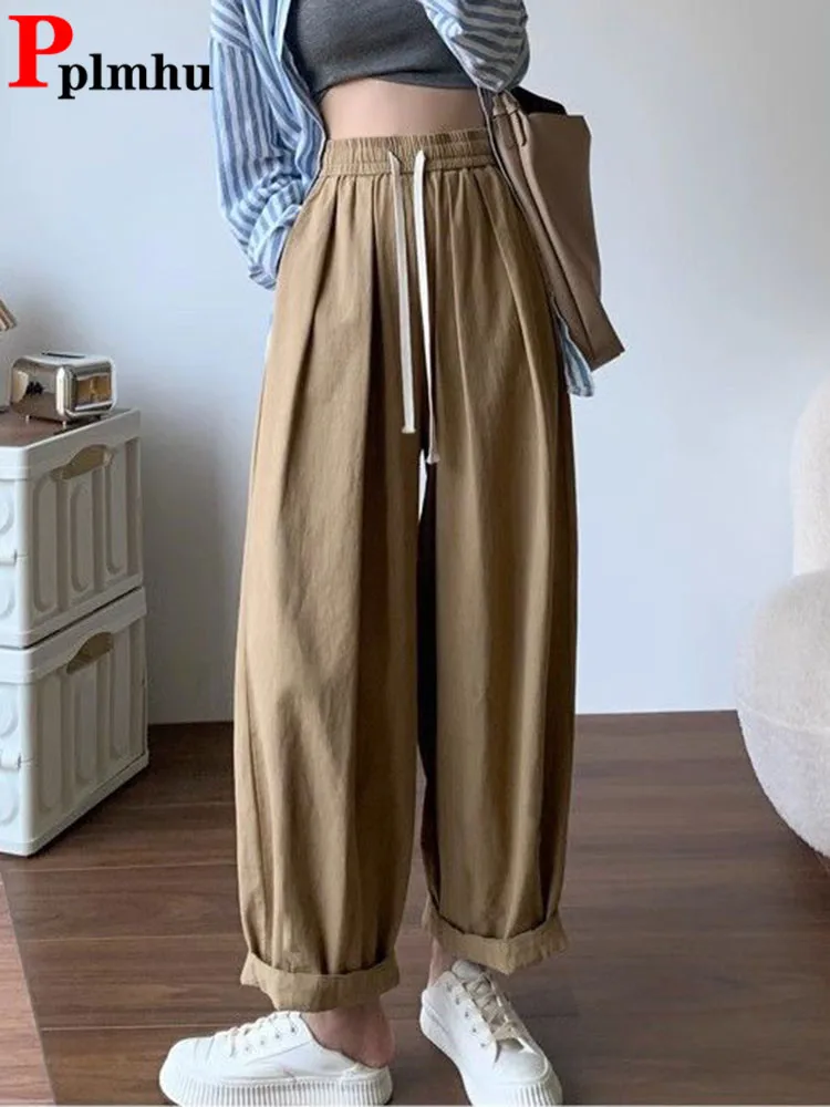 

Spring Fall High Waist Baggy Cargo Pants Women Casual Chic Lace Up Straight Pantalones Korean Cotton Oversize Wide Leg Spodnie