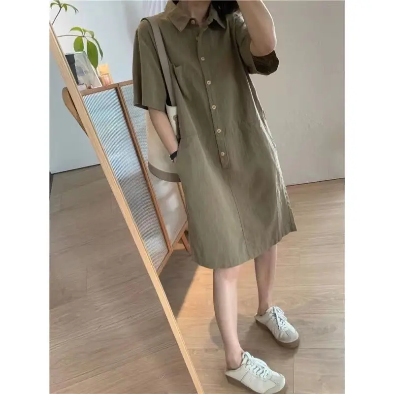 Summer Thin Short Sleeve Cotton Lin Dress Women Loose Personality Collar Simple Small Size Midi Shirt Dress Straight Tube