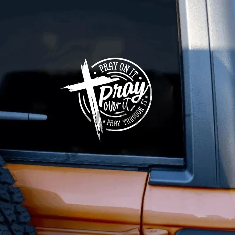 Pray on it Pray over it Pray through it Quotes Car Window Decal Christian Cross Bible Verse Vinyl Art Stickers For Laptop Decor - view 2