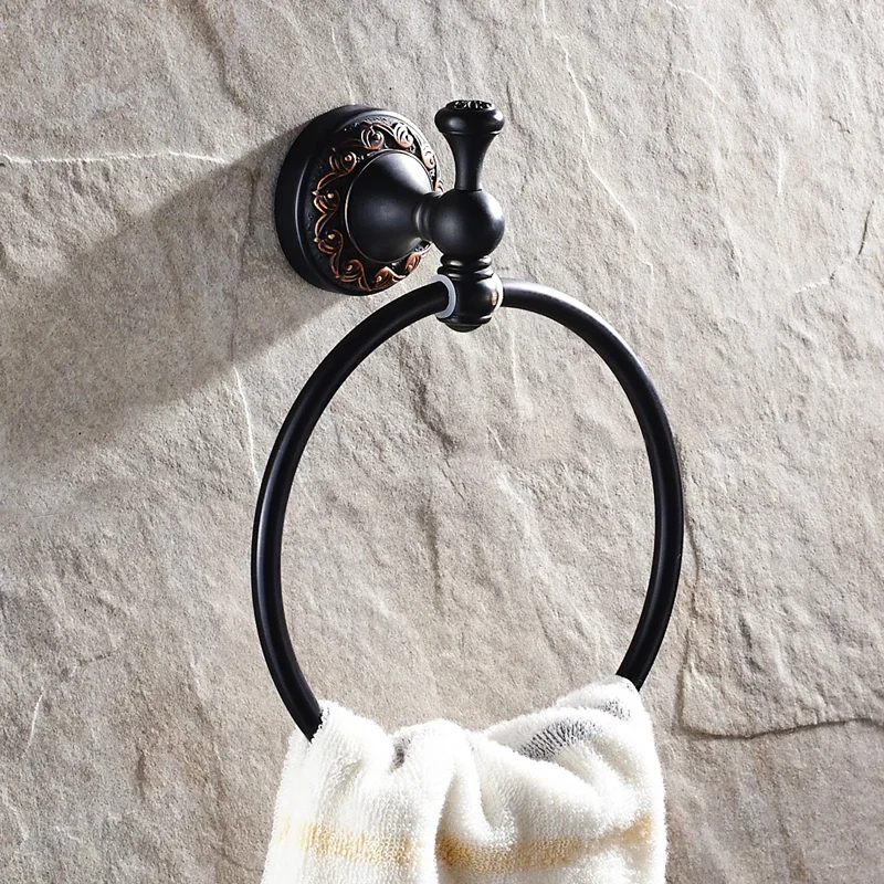 

Anspicious Europe Antique Black Bathroom Towel Rings Bath Unique Copper Carved Accessory Oil Finished Series L