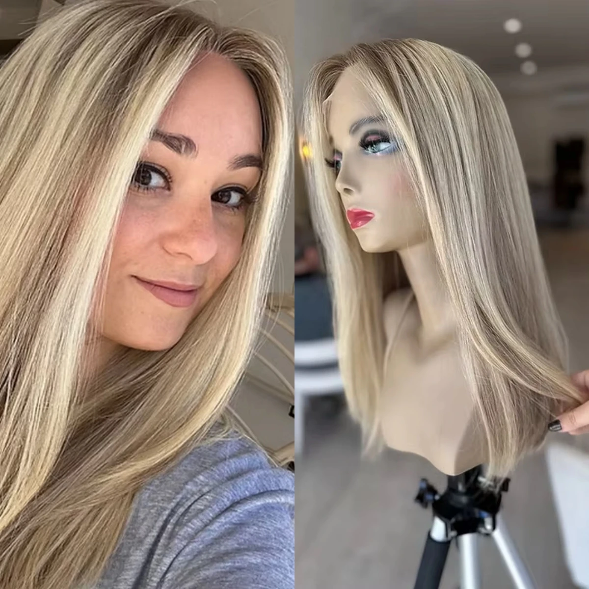 16” Soft Ash Blonde Ombre Synthetic Lace Front Wig Soft Straight Lace Top Wigs for Women Realistic Look Pre Plucked Hairline