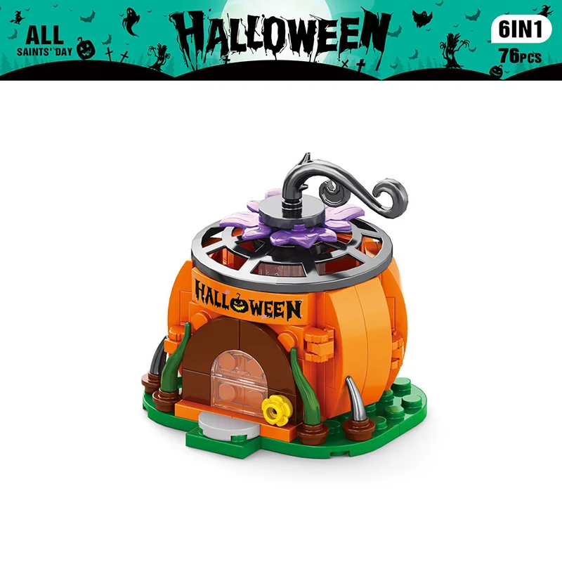 Nowy MOC Halloween klocki pakiet klocków DIY Halloween nawiedzony dom latarnia w kształcie dyni cukierkowy dom pociąg zabawki prezenty dla dzieci