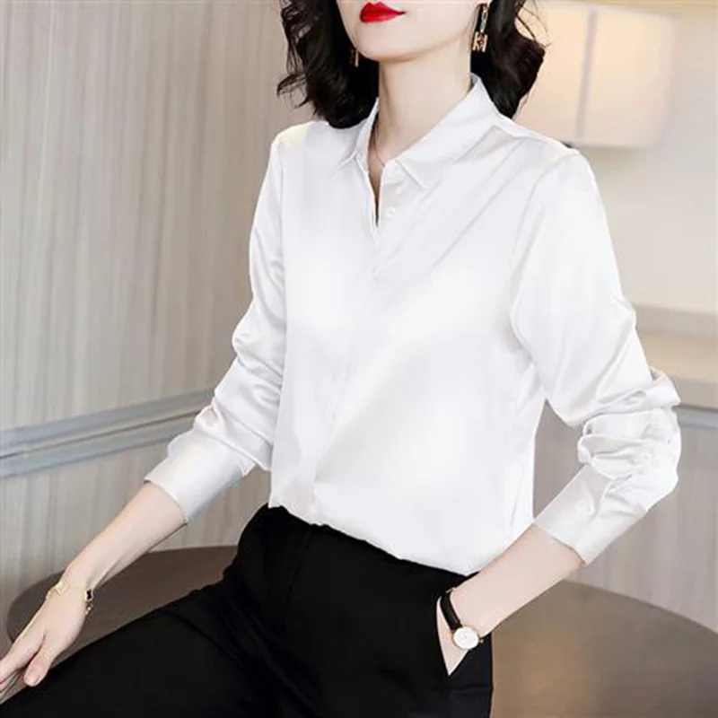 Elegant Solid Color Lapel Long Sleeve Oversized Satin Button Shirt 2022 Autumn New Casual Women\'s Clothing Office Lady Blouses