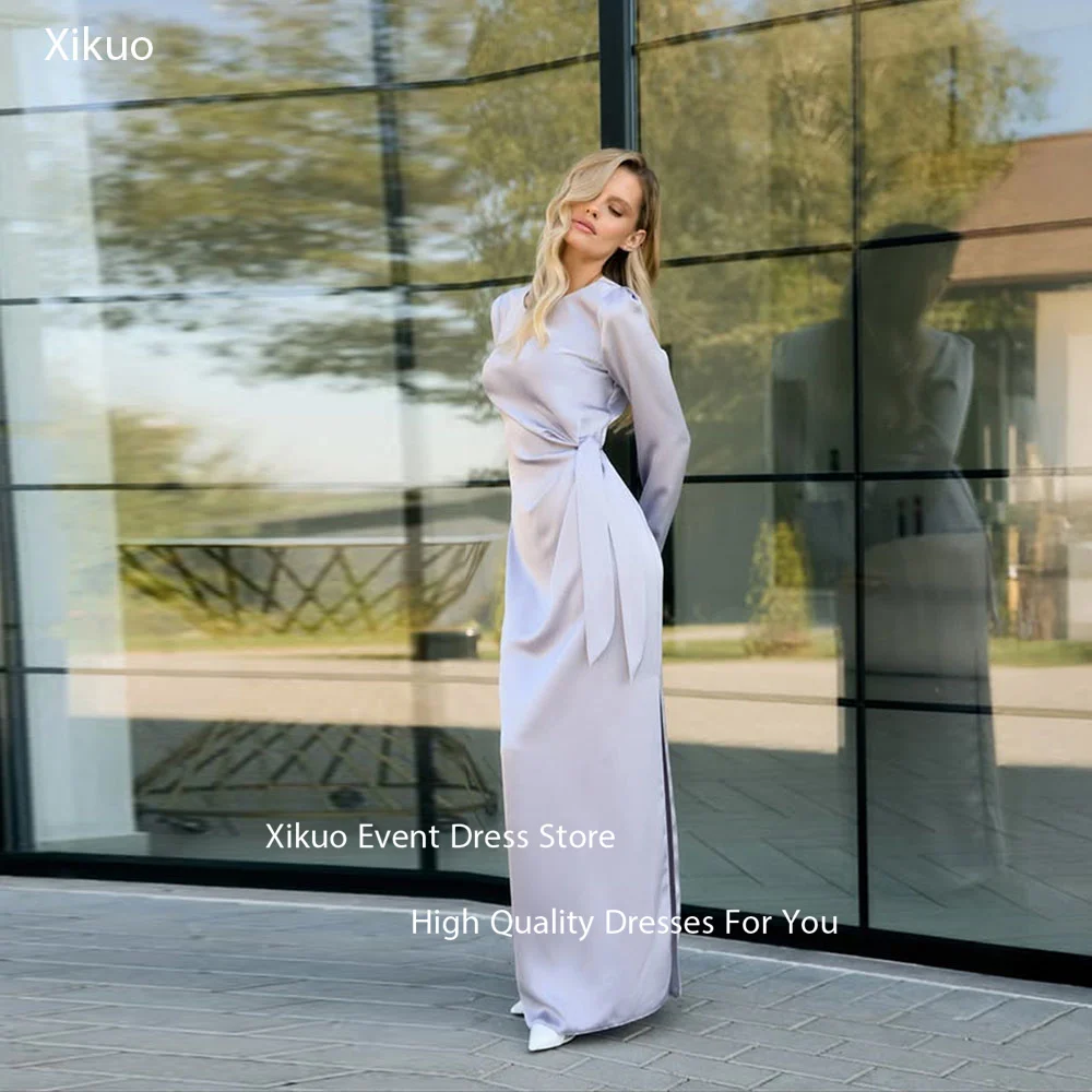 

Xikuo Round Neck Side Slit Evening Dresses Straight Robes De Soirée Satin Long Sleeves Cocktail Celebrity Dresses Customized