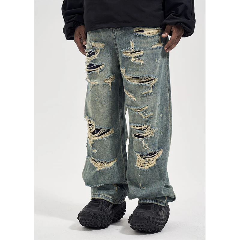 Men's Street Wear Wide Leg Jeans Hip Hop Y2k Jeans Mens Streetwear Straight Washed Retro Oversized Casual Denim Trousers