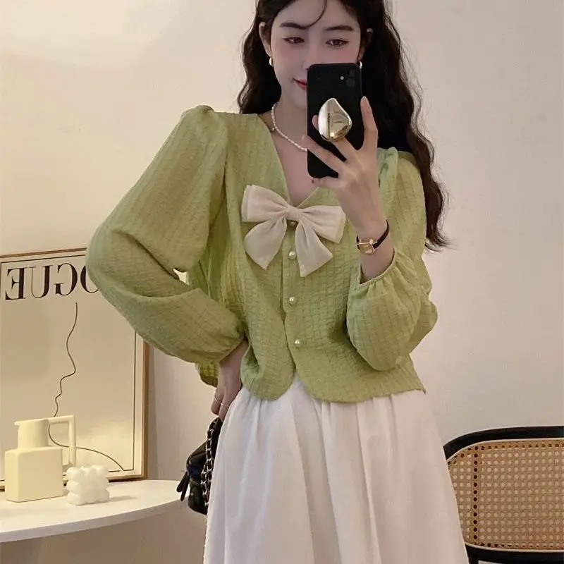 Korean Bow Patchwork Thin Blouse Spring Autumn New Long Sleeve V Neck Solid Color Sweet Shirt Tops Fashion Trend Women Clothing