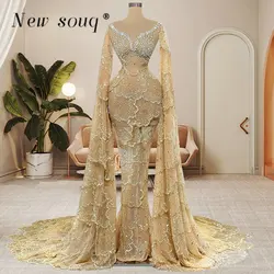 Arabic Champagne Glittery Shoulder Cape Evening Dresses Crystals Long Women Red Carpet Celebrity Party Gowns Middle East Robes