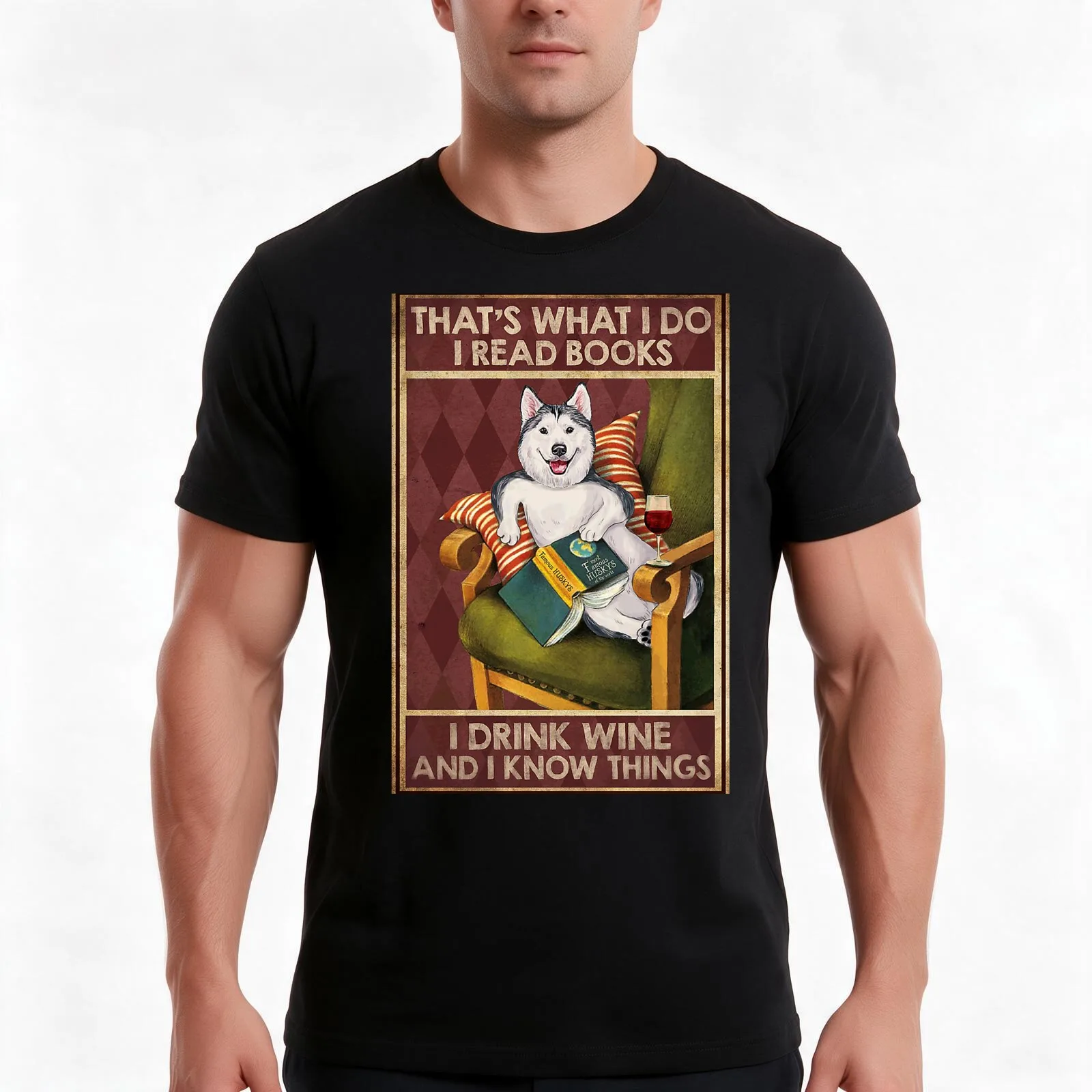 Husky dog drink wine read books funny quotes T-Shirt, Summer Casual Cotton Tee, Oversized Streetwear Tops, Vintage Graphic Print