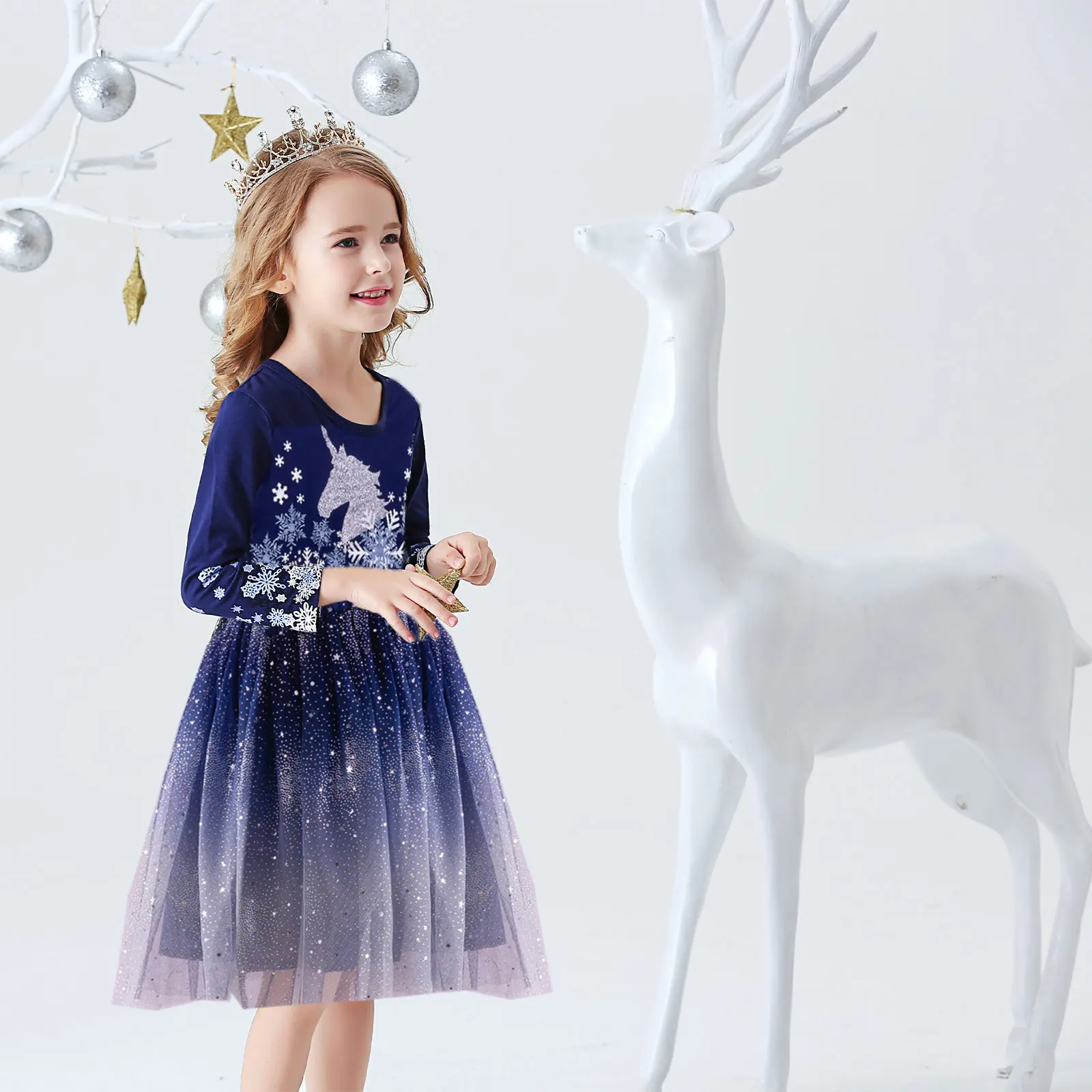 Dxton novas crianças vestido para meninas inverno natal crianças festa meninas vestidos unicórnio flocos de neve impresso bebê ano novo roupas