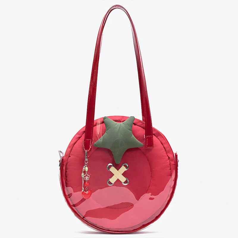 Kawaii Tomato Shaped Round Handbag Women 2 In 1 Clear Shoulder Bag Detachable Inner Pouch Casual Crossbody Purse