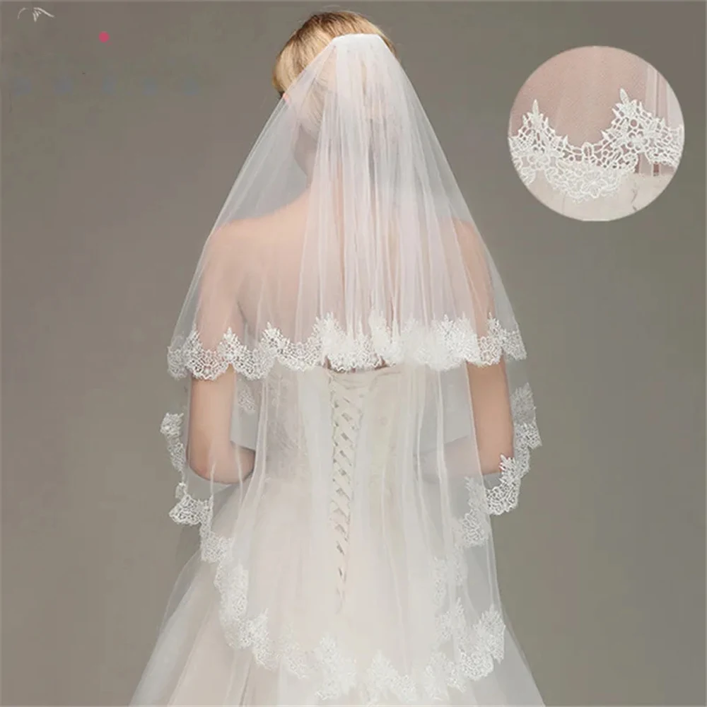 2024 Veu de Noiva Lace Edge Short Wedding Veil with Comb White Ivory Two Layers Tulle Bridal Veil Wedding Accessories