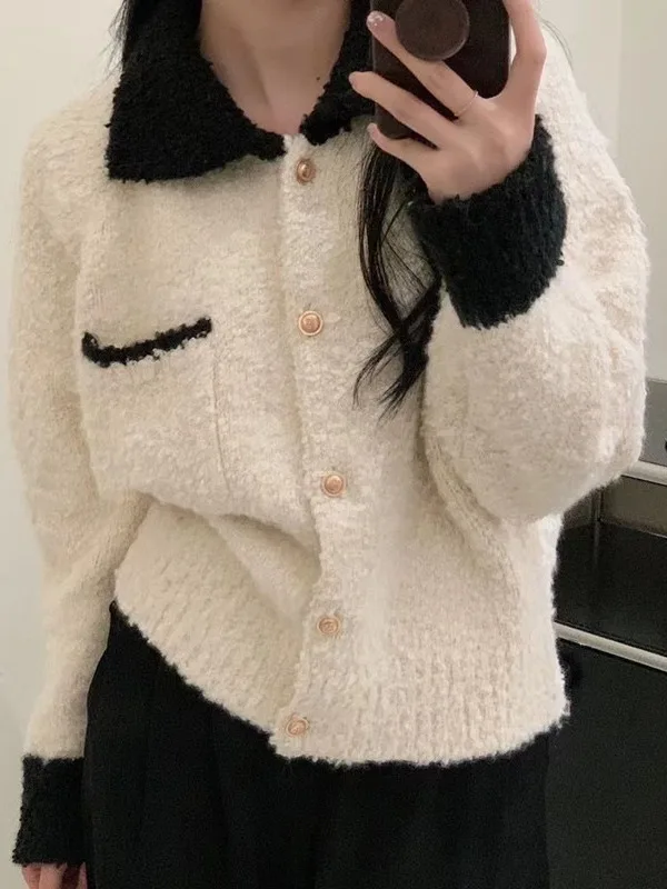 

Black Elegant Knitted Cardigan Women French Style Turn Down Collar Contrast Outwear Loose Sweater Vintage Office Lady Crop Tops