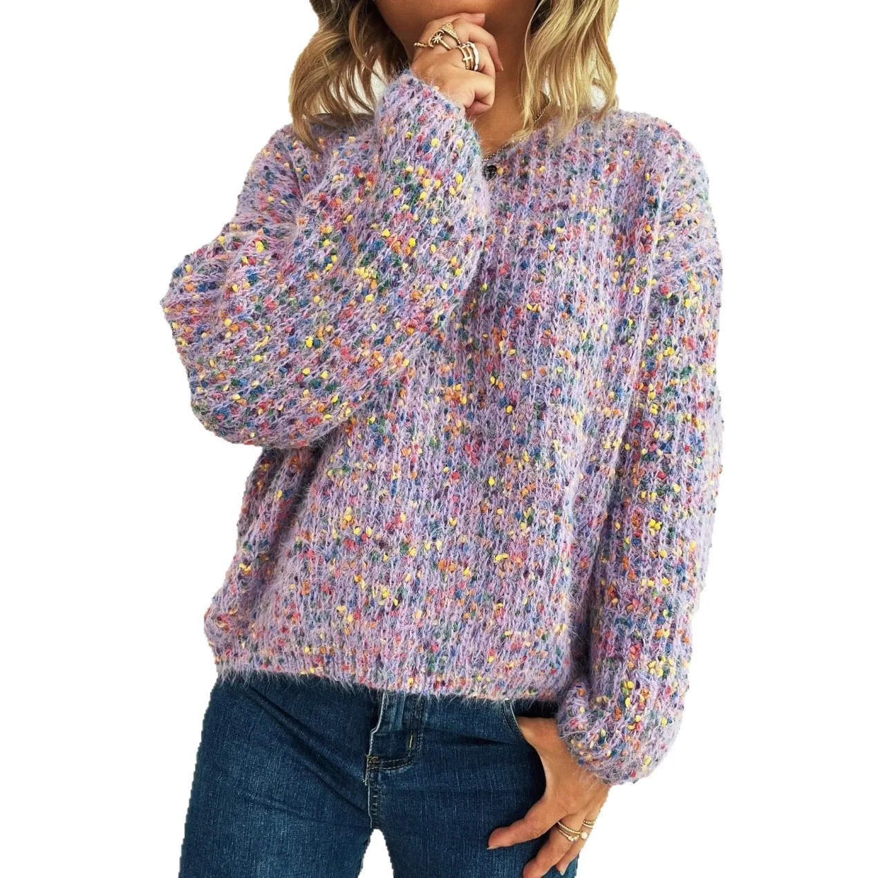 Colorful Knitted Sweater Women Autumn Winter New V-neck Long Sleeve Pullover Sweaters Fashion Lady Commuting Knitwear Clothing