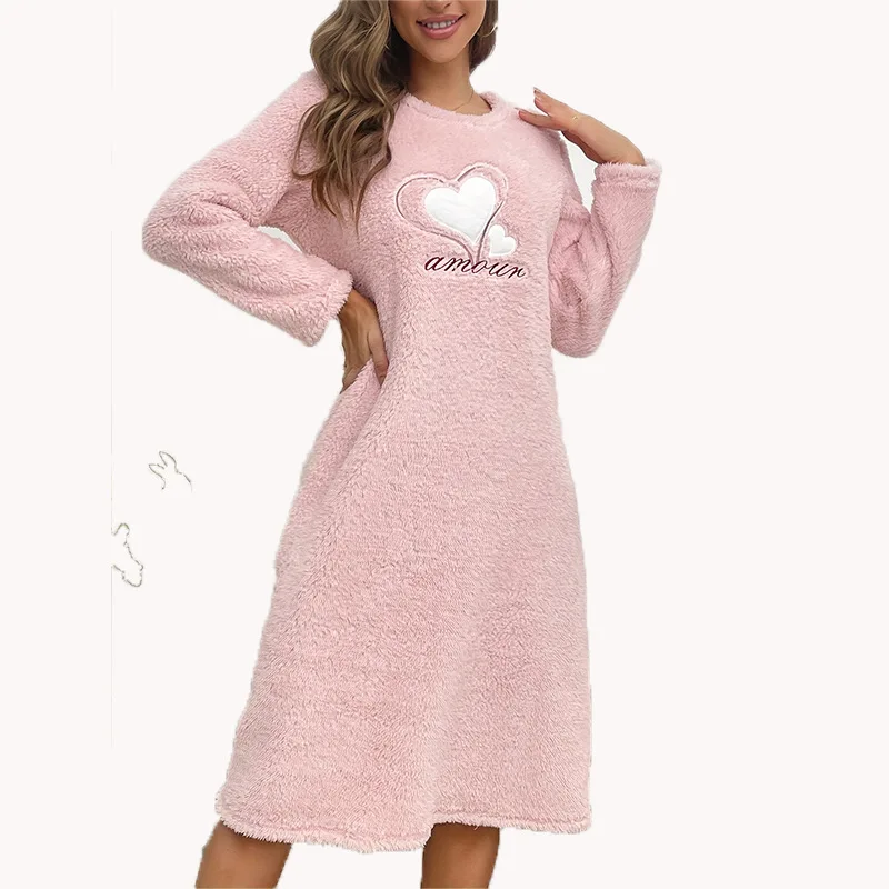 O Neck Pink Sweet Thickened Warm Women Pajamas Dress Fashion Casual Pullover Long Cute Style Loungewear Autumn Winter 2024 New