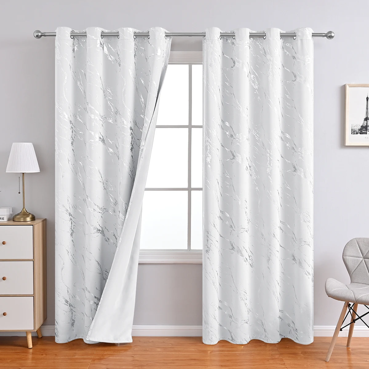 2PCS White Curtains with Silver Foil Stamping & Marble Patterns, Made of High-Precision 100% Light-Blocking Fabric with Grommets