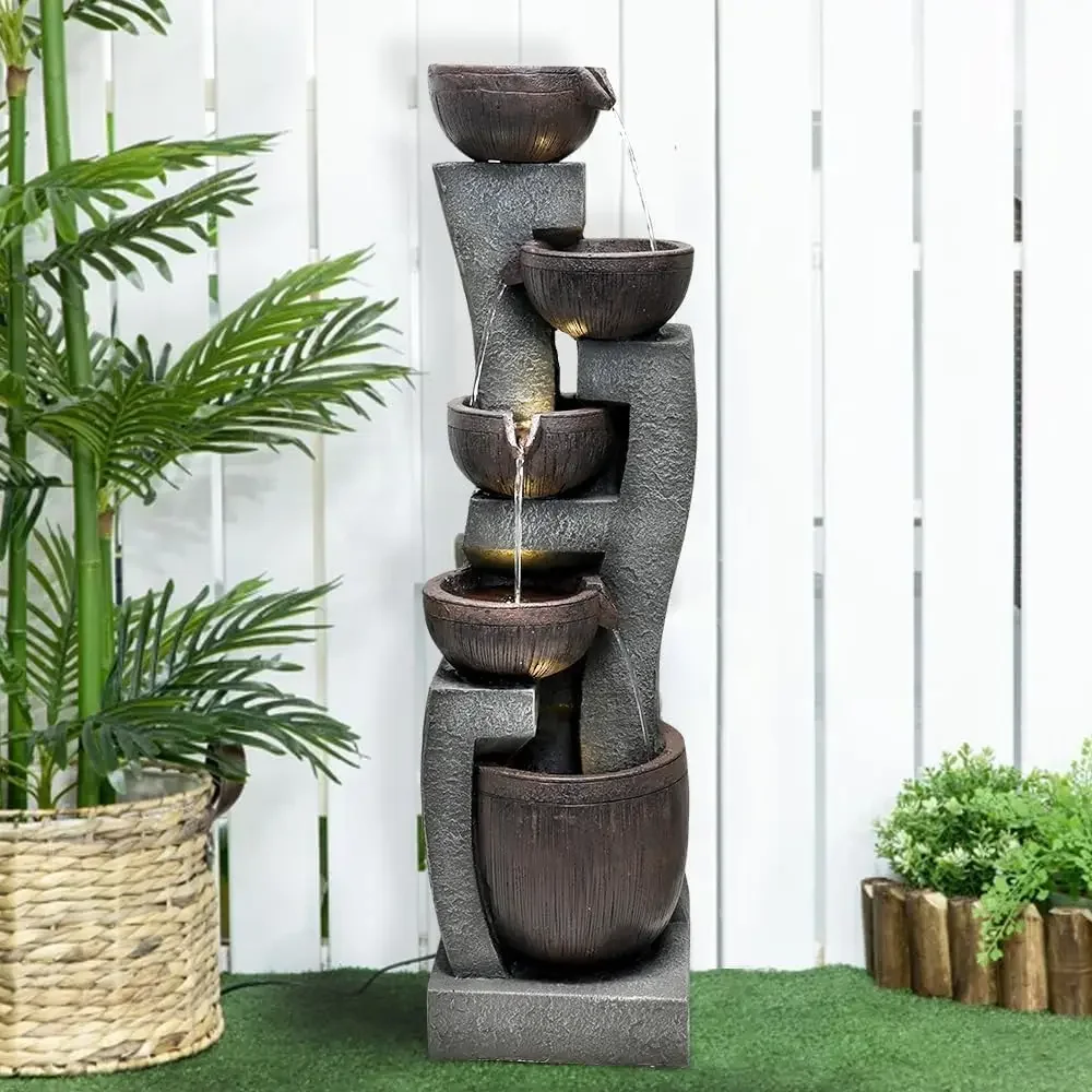 

43.7" H 5-Tier Outdoor Water Fountain with LED Lights Modern Floor-Standing Waterfall Feature Natural Polyresin Looking Stone