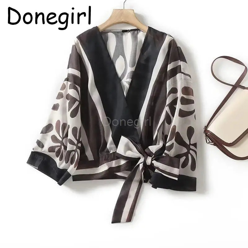 

Donegirl 2023 New Summer Long Sleeve V-neck Printed Lacing Shirt Casual Loose Simple Bohemian Style Blouses Female Tops Chic