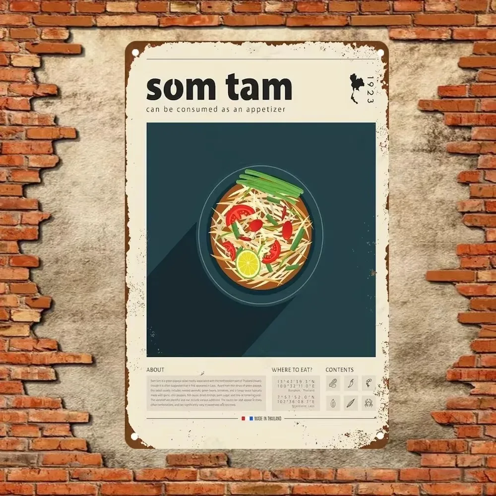 Letrero rústico de fideos tailandeses Som Tam, placa artística de pared de aluminio Vintage, perfecto para decoración del hogar y el garaje, adorno Ideal para Halloween, 1 ud.
