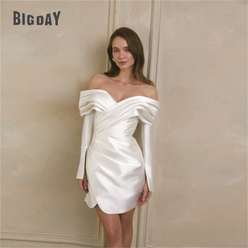 

BIGDAY Simple Sheath Mini Wedding Dress Pleat V-Neck Off The Shoulder Long Sleeve Satin Bridal Gown Vestido De Noiva Customized