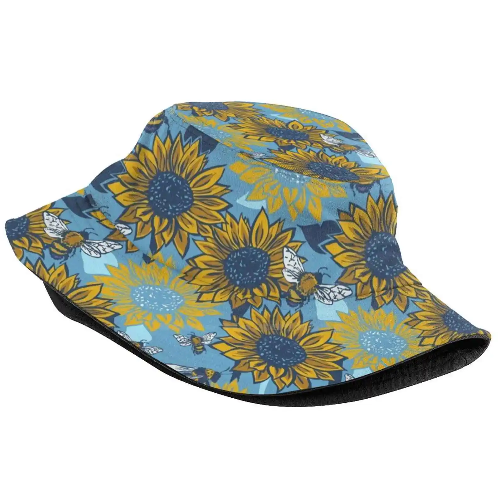 Sunflowers And Busy Bees Linoprint Pattern Pattern Hats Outdoor Hat Sun Cap Busy Bees Honey Bees Lino Summer Meadow Lavender