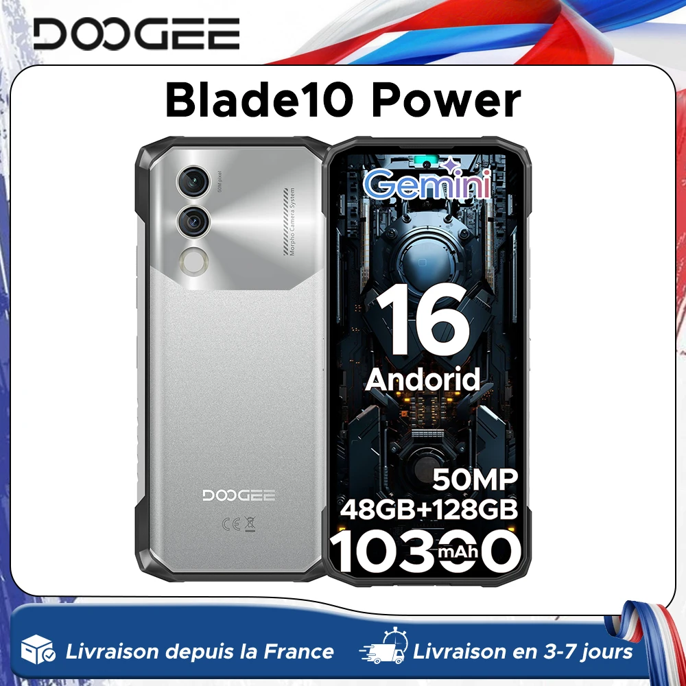DOOGEE Blade10 Power robuuste telefoon, Gemini AI, 6,6″ scherm, 10300mAh batterij, 48GB RAM (8+40), 128GB ROM, Android 16 smartphone